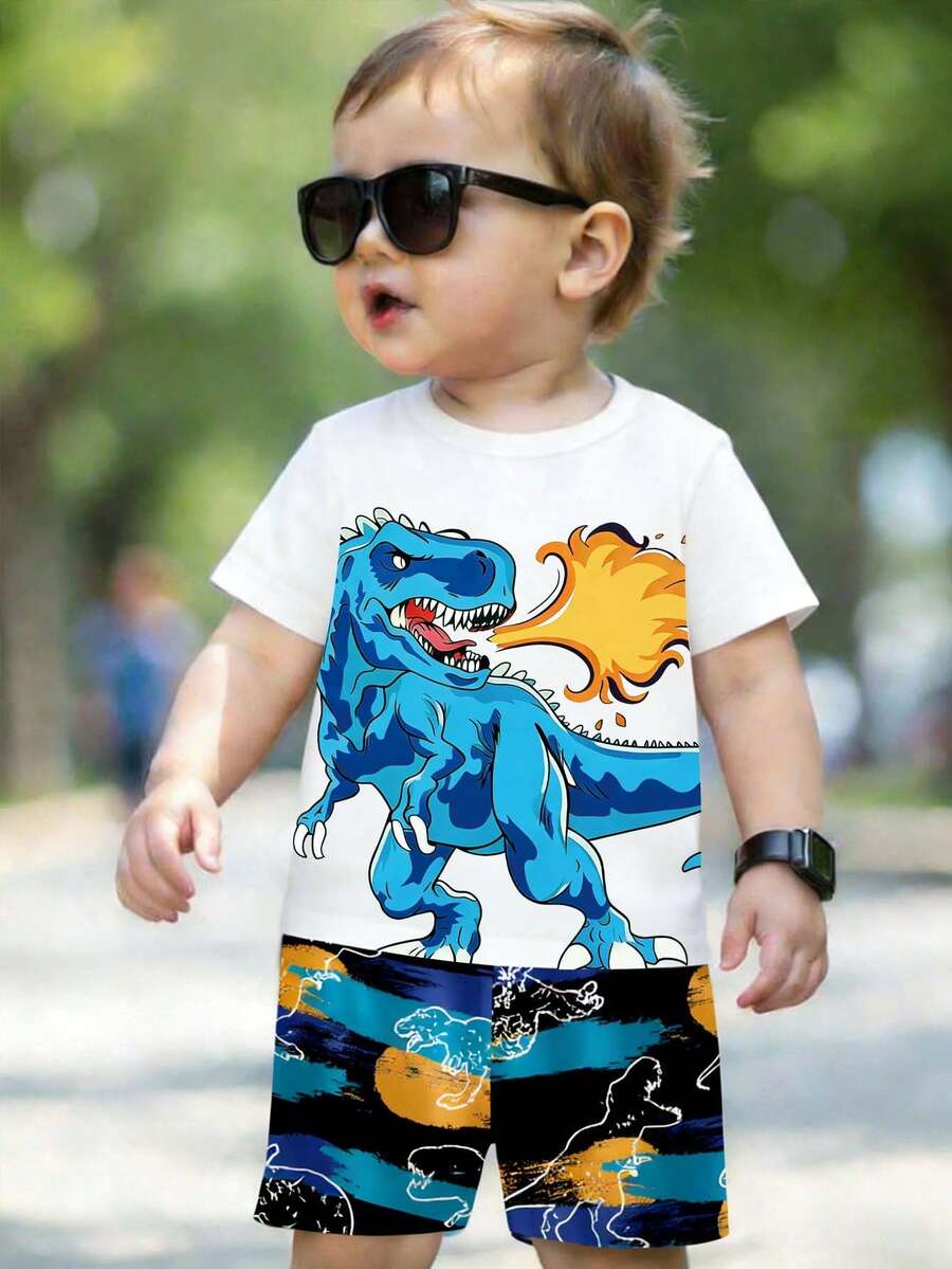 Young Boys' Casual Summer White T-Shirt And Shorts Set,Creative Multi-Color Dinosaur Graphic Print Refreshing Minimalist Comfortable Basic Outfit - Multicolor - View 1
