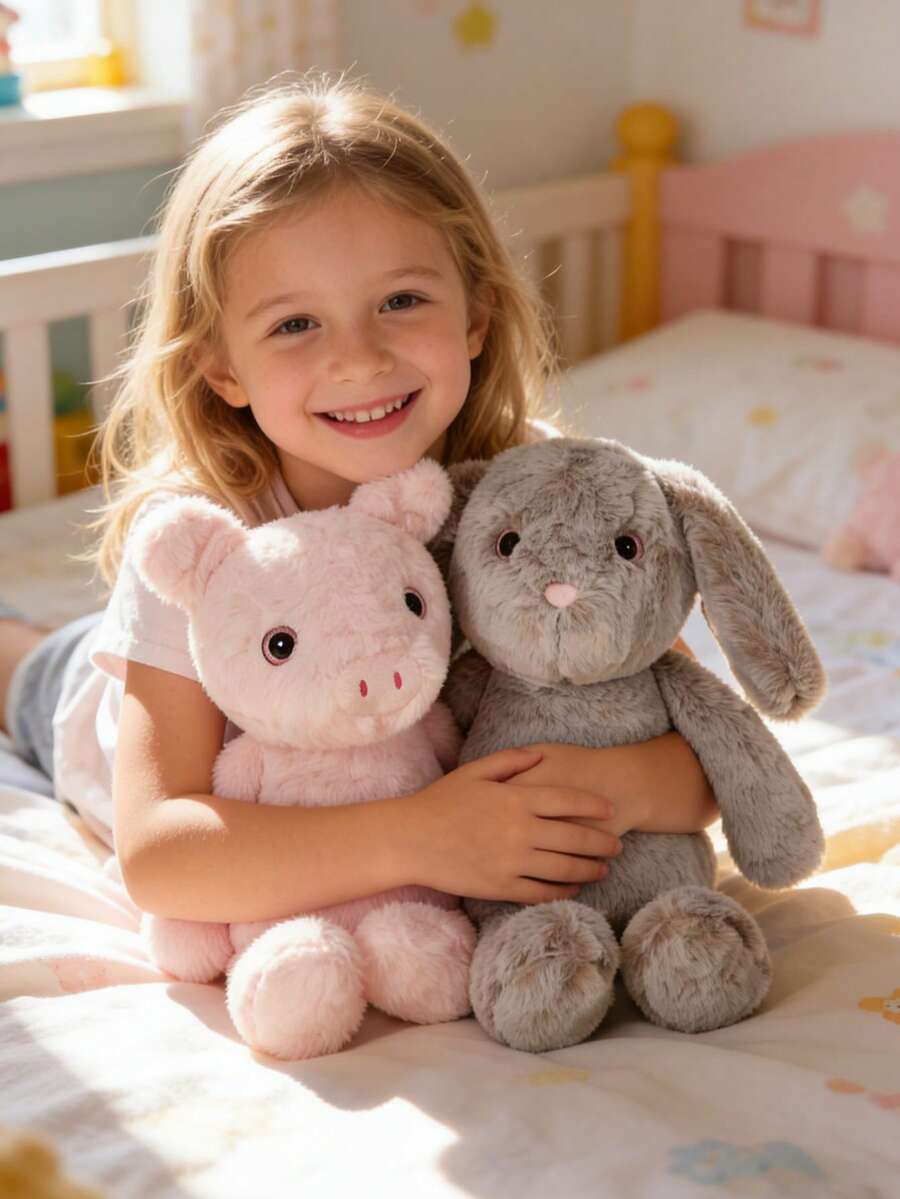 POKOJA LAND Muñeco de peluche suave de conejito o cerdo, almohada de peluche esponjosa de dibujos animados, regalo cálido y reconfortante de peluche para niños, niños pequeños, decoración de dormitorio - Multicolor - Ver 1