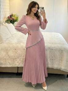 Modelyn 女士蓝色梭织收腰褶裥喇叭连衣裙 - 粉色 - 查看 1