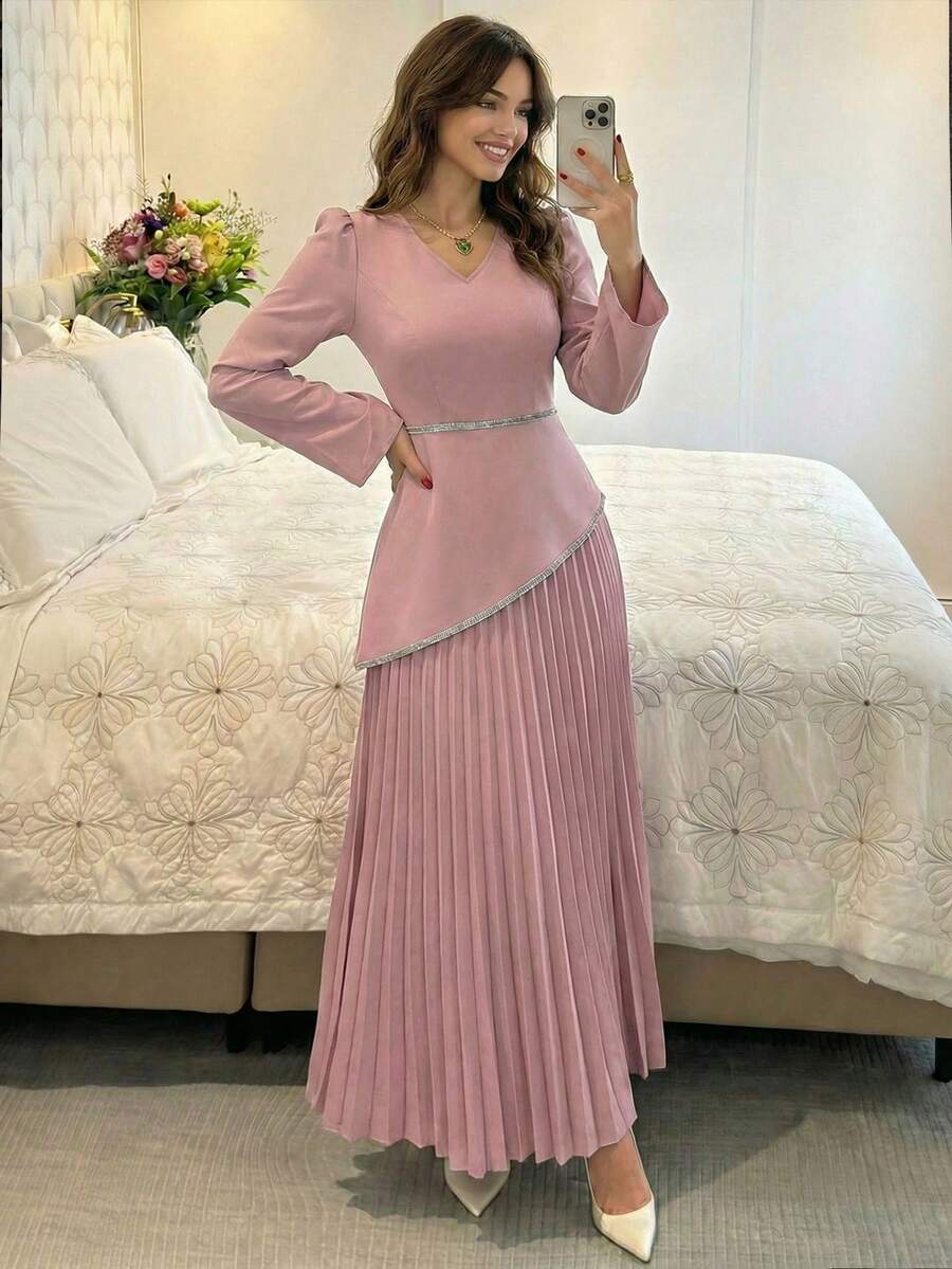 Modelyn 女士蓝色梭织收腰褶裥喇叭连衣裙 - 粉色 - 查看 1