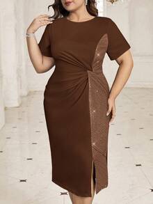 Ellevyn Đầm cỡ lớn thanh lịch phối màu tương phản đính sequin, cổ tròn, tay ngắn, xẻ tà. - Màu nâu  Mocha - Xem 4