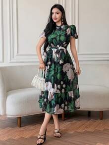 DAZY Elegantes figurumspielendes Kleid mit Stehkragen und Puffärmeln, Sommer Sommerkleid - Grün - Übersicht 5