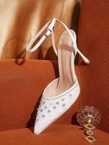 CUCCOO TILAWA Women's Pointed Toe High Heel Rhinestone Embellished Ankle Strap Pumps, Sexy & Fashionable For Dresses, Party, Nightclub - White - View 6