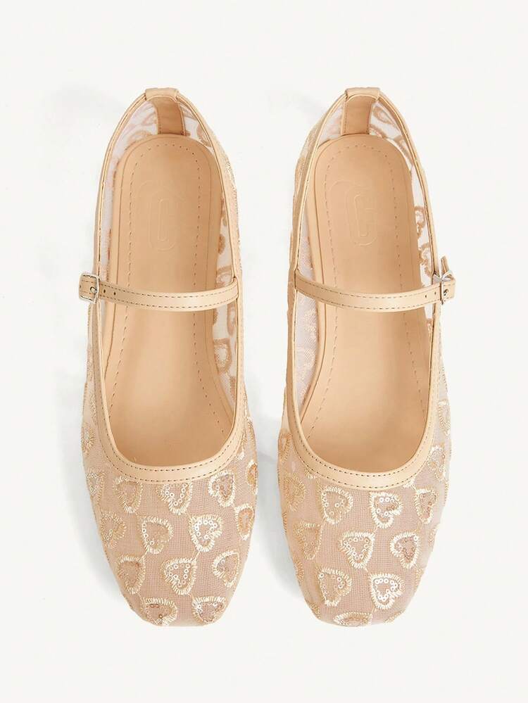 CUCCOO CHICEST Women Shoes Fashion Apricot Lace Love Mesh Mary Jane Breathable Flat Shoes Cute Sweet Elegant Women Flat Shoes Women's Shoes Elegant Shoes Wedding Shoes Summer Shoes Bride Shoes