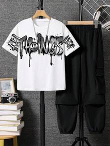 Mirajuku 2pcs/Set Boys' Comfortable Casual Loose Fit T-Shirt And Straight Leg Pants Outfit, Suitable For Daily, Sports And Outdoor Wear - Black and White - View 6