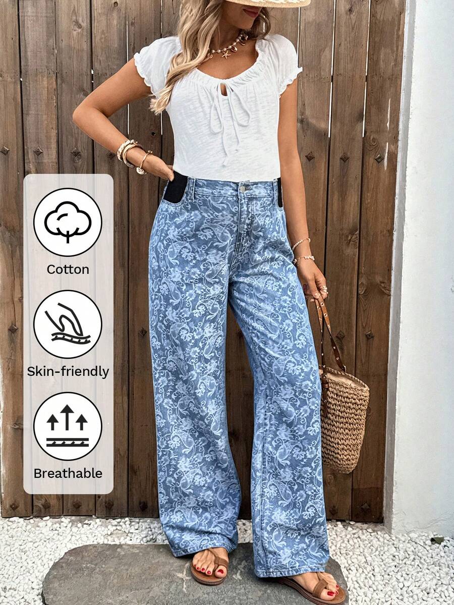 SHEIN 孕妇口袋纽扣全印花休闲百搭日常牛仔裤 - 藍色 - 查看 1