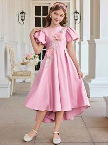 SHEIN Vestido elegante, dulce y lindo para niña preadolescente con decoración de flores 3D, cuello redondo, cintura ceñida, lazo grande en la espalda y mangas abullonadas, vestido de lujo para niñas, vestido rosa - Rosa - Ver 7