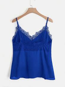 SHEIN Clasi Plus Size Solid Color Spaghetti Strap Lace Patchwork Casual Camisole Tank Top For Summer, Summer Tops - Royal Blue - View 2