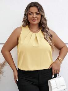 SHEIN Clasi 大码纯色圆领无袖褶皱休闲宽松衬衫 - 奶油色 - 查看 8