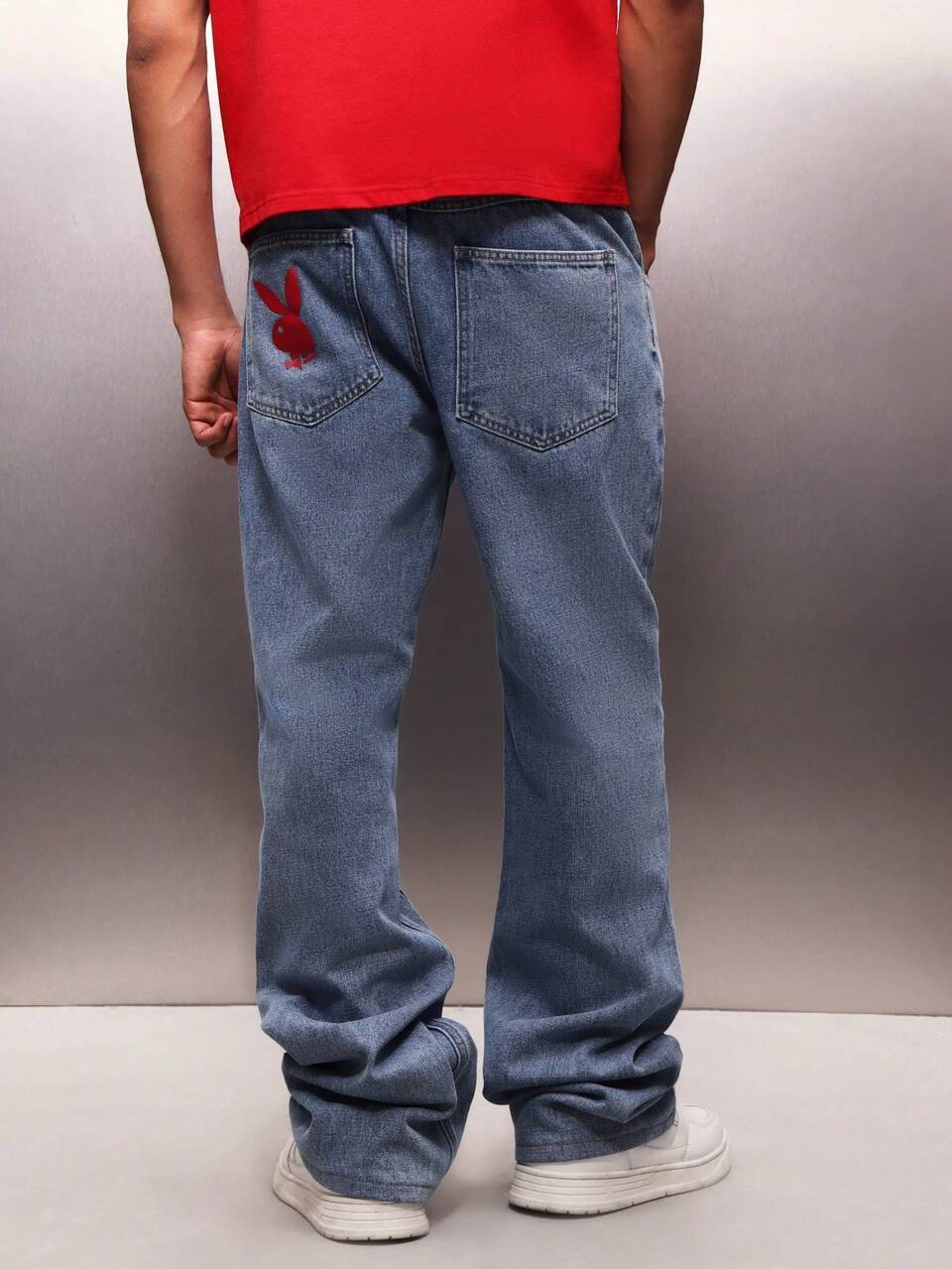 PLAYBOY X SUMWON Loose Fit Medium Wash Denim Jeans With Embroidered Logo Detail And Side Pocket Construction For Casual Daily Wear