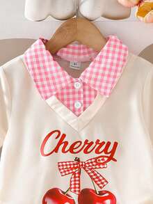 Elladie kids Set de 2 piezas de blusa de manga corta y falda a cuadros para niñas pequeñas, blusa color albaricoque con estampado de cereza y letras, combinada con mini falda a cuadros, conjunto casual de verano dulce y de moda - Rosa Fucsia - Ver 7