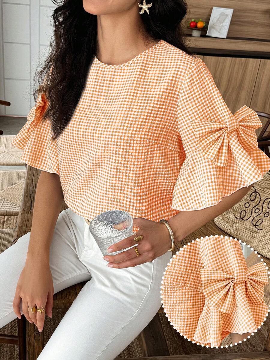 SHEIN LUNE 女士格子圆领蝴蝶结装饰休闲百搭日常衬衫 - 橘色 - 查看 1