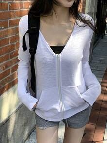 DAZY 女士休闲V领轻薄连帽夹克卫衣，时尚设计，适合春夏穿着 - 白色 - 查看 3