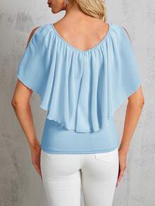 SHEIN Clasi Áo thun trễ vai viền bèo nhún - Màu xanh nhạt - Xem 2