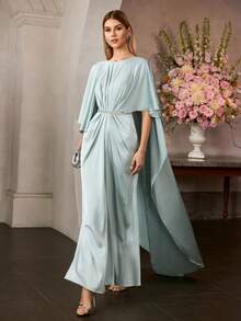 MOTF Soiréza Đầm dạ hội satin thanh lịch dành cho nữ, phần thân trên xếp ly, thắt lưng mảnh, tay áo rộng kiểu áo choàng và đuôi váy dài chạm sàn, lý tưởng cho các bữa tiệc sang trọng, đám cưới, lễ kỷ niệm và tiệc chiêu đãi trang trọng. - màu xanh lá - Xem 8