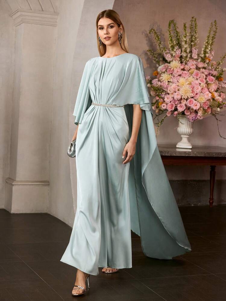 MOTF Soiréza WOMEN ELEGANT SATIN EVENING GOWN WITH RUCHED UPPER BODICE, THIN WAIST BELT, LOOSE CAPE-STYLE SLEEVES & FLOOR-LENGTH TRAIN , IDEAL FOR GALA DINNERS, WEDDINGS, CELEBRATIONS & FORMAL RECEPTIONS