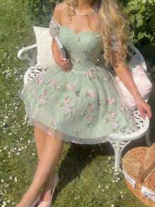 SHEIN MOD 女士露肩印花优雅收腰派对迷你连衣裙 - 綠色 - 查看 3