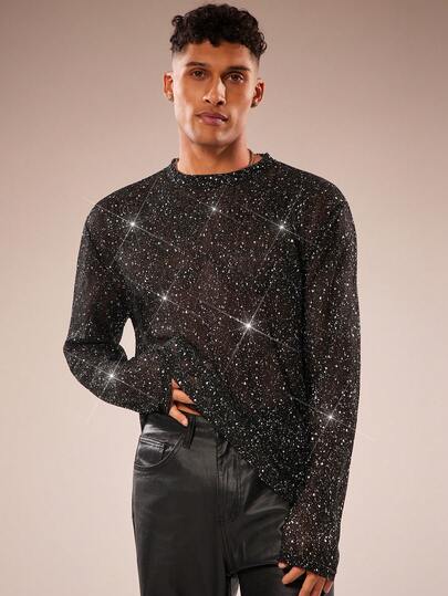 FeverCity Men's Fashionable Sexy Shimmering See-Through Long-Sleeved T-Shirt