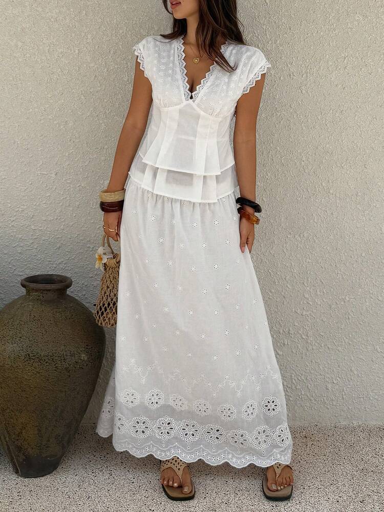 Damen Sommer Urlaub Weiße Spitze Ärmellos Crop Top und Lässig A-Linie Rock 2-teiliges Set Kreuzfahrt Outfit für Frauen - Weiss - Übersicht 3