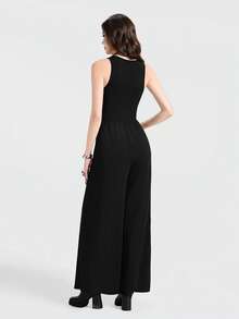 Breakform 女士性感哥特风深V领腰部褶皱网纱拼接金属十字架修身连体裤 - 黑色 - 查看 2