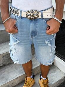 Manfinity EMRG Pantalones anchos y sueltos con parches de estrella y efecto desgastado, moda callejera de hip hop estadounidense para hombres - Lavado ligero - Ver 4