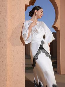 Graceveil 女士优雅撞色蕾丝喇叭袖荷叶边腰部不对称下摆上衣和半裙套装，适合春秋季约会穿着 - 黑與白 - 查看 3