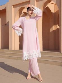 Graceveil Lace Patchwork V-Neck Loose Aging-Reducing Long Top & Straight Leg Pants Women's Elegant Pink 2-Piece Set - Pink - View 8