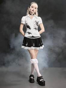ROMWE Gothic Lolita Crow Print Puff Sleeve Fitted Women Shirt - White - View 1