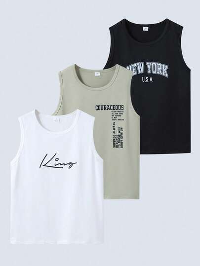 3件套男童休闲印花背心，舒适透气，适合日常穿着，可搭配短裤