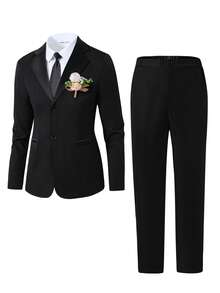 两件套青少年男士绅士套装，包括：黑色缎面领修身单层正装外套 + 黑色纹理西裤。优雅休闲的户外个性化西装，适合生日派对、晚宴、演出、主持、婚礼季等场合。 - 黑色 - 查看 4