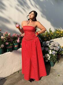 GalTyme 大码优雅波点印花无肩带连衣裙，夏季 - 紅色 - 查看 6