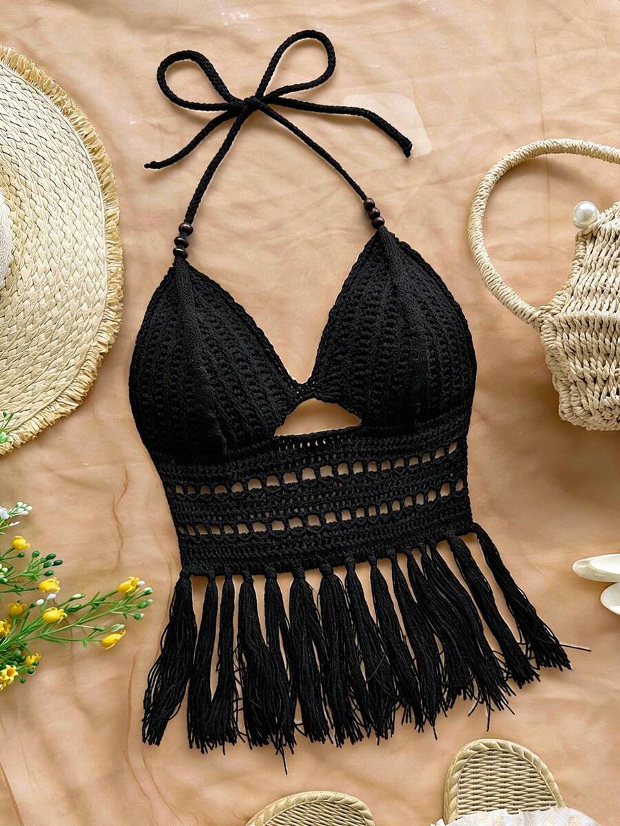 Soleia 女士串珠露背流苏针织上衣，适合度假、约会、下午茶、海滩、邮轮、公路旅行、婚礼季、音乐节、波西米亚风假期等场合。 - 黑色 - 查看 1