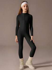 Tween Girls Black Half-Zip Jumpsuit, Long Sleeve With Long Pants, High Stretch Fitted Turtleneck Jumpsuit - Black - View 3
