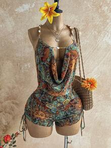 Soleia 新款性感深V领彩色串珠链条复古印花太阳图腾露背连体裤，适合约会、夜店、波西米亚风、度假、秋季女装、复古、假日 - 彩色 - 查看 3