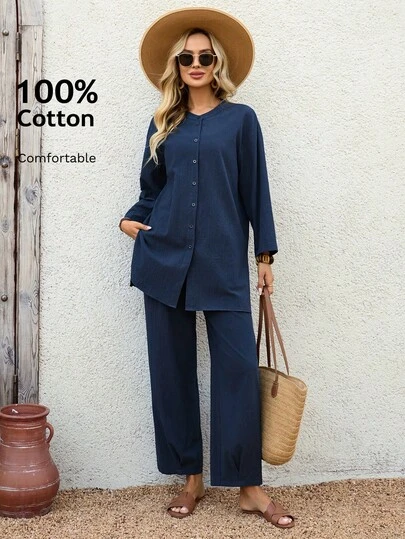 EMERY ROSE 2pcs Women Casual Solid Color Front Button Long Sleeve Top And Pants Set, Summer Casual Sets For Women Casual Women Outfits Women Cotton Clothes Spring Outfit Women Summer Holiday Outfits Blue Set Teacher Outfits For Women Shirt Sets For Women Blouse And Pants Set Ladies Casual Sets Country Outfits For Women Cotton