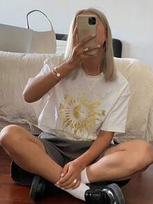 Livesso Cotton Gold Color Loose Casual T-Shirt With Graphic Print, Suitable For Spring And Summer - Beige - View 4