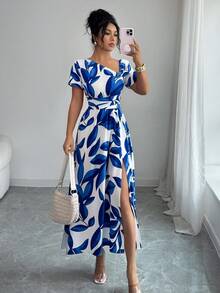 Elenzga Đầm midi nữ tay ngắn cổ lệch in hoa - Nhiều màu - Xem 7