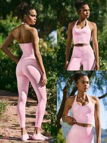 GLOWMODE FeatherFit™ Double Time Adjustable Halter Sports Bra Tank Top Light Support Low Impact Yoga Pilates Daily Spring Summer - Baby Pink - View 7