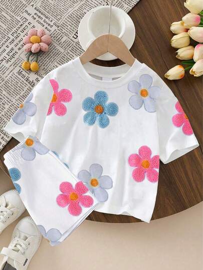 SHEIN 2 Pcs Baby Girls Casual Fashionable Comfortable Minimalist Floral Print T-Shirt And Shorts Set, Spring/Summer Cute Girls Sets