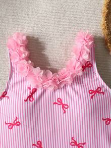 SHEIN Tween Girl Butterfly Striped Print 3D Floral One-Piece Swimsuit, Pink - Baby Pink - View 4