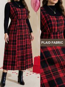 SHEIN LUNE 加大码春季女式红色格子纽扣前襟方领无袖优雅中长连衣裙，腰部系带，适合情人节穿着 - 彩色 - 查看 10
