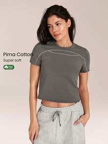 GLOWMODE 情人节款 Pima 棉休闲超柔软透气轻盈弹力撞色缝线修身圆领T恤，适合健身房、运动工作室和日常休闲穿着 - 深灰色 - 查看 1