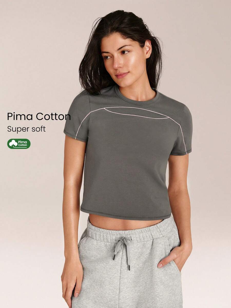 GLOWMODE 情人节款 Pima 棉休闲超柔软透气轻盈弹力撞色缝线修身圆领T恤，适合健身房、运动工作室和日常休闲穿着 - 深灰色 - 查看 1