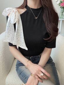 FRIFUL 女士圆领露肩撞色波点蝴蝶结面料修身短袖甜美T恤 - 黑色 - 查看 5