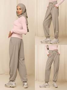 GLOWMODE X Reem Modest Sun & Sweat Cooling Quick-Dry Sun Protection Relaxed Fit Adjustable Drawstring Waist Side Pockets Joggers Training Running Workout Gym Daily Active Wear - Khaki - View 7