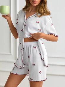 SHEIN Bộ đồ nữ bằng cotton 2 mảnh, dệt kim gân, chi tiết viền bèo tây, màu trắng tương phản, họa tiết tươi tắn, cài cúc phía trước, tay ngắn, đường may tinh tế. - trắng - Xem 1