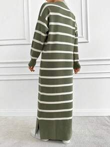 EURMUSE Striped Contrast Color Loose Knit Sweater Dress - Olive Green - View 2
