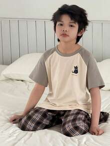 DAZY Tween Boy Letter & Cartoon Cat Print Raglan Sleeve Top And Plaid Pants Pajama Set - Apricot - View 2