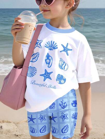 1 Set Girls Toddler Summer Fresh Blue & White Contrast Color Ocean Style Shell & Starfish Print Short Sleeve T-Shirt And Shorts Set, Suitable For Beach Vacation, Seaside Play, Casual Daily Wear