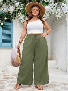 SHEIN CURVE+ Curve Size US22 音樂節波希米亞風傳統寬鬆 2件組紋理壓褶布料直筒長褲 鼠尾草綠 米色 正式居家穿著 秋季 - 彩色 - 查看 11